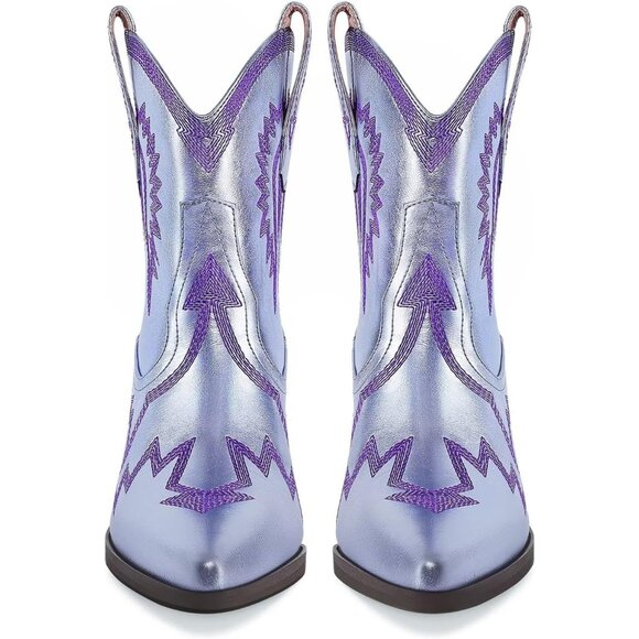 Women Metallic Embroidered Pointed Toe Cowgirl Boot Chunky Heel Pull-On Lavender - Picture 3 of 5
